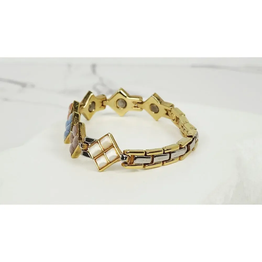 Vintage Retro Pastel Mosaic Cat's Eye Diamond Panel Link Bracelet 7.5